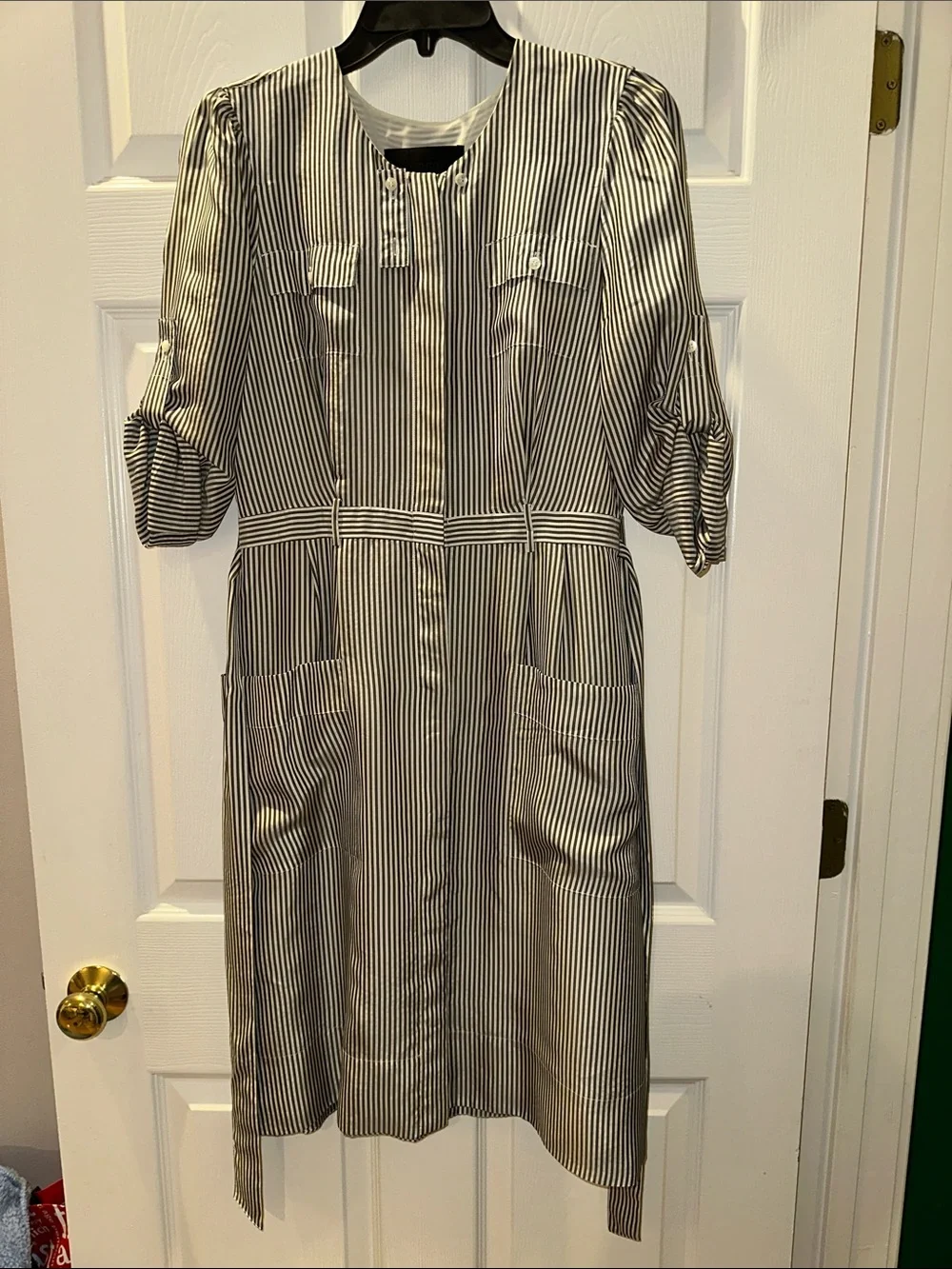 J. Crew Silk Black and White Striped Button-Front Shirt Dress
